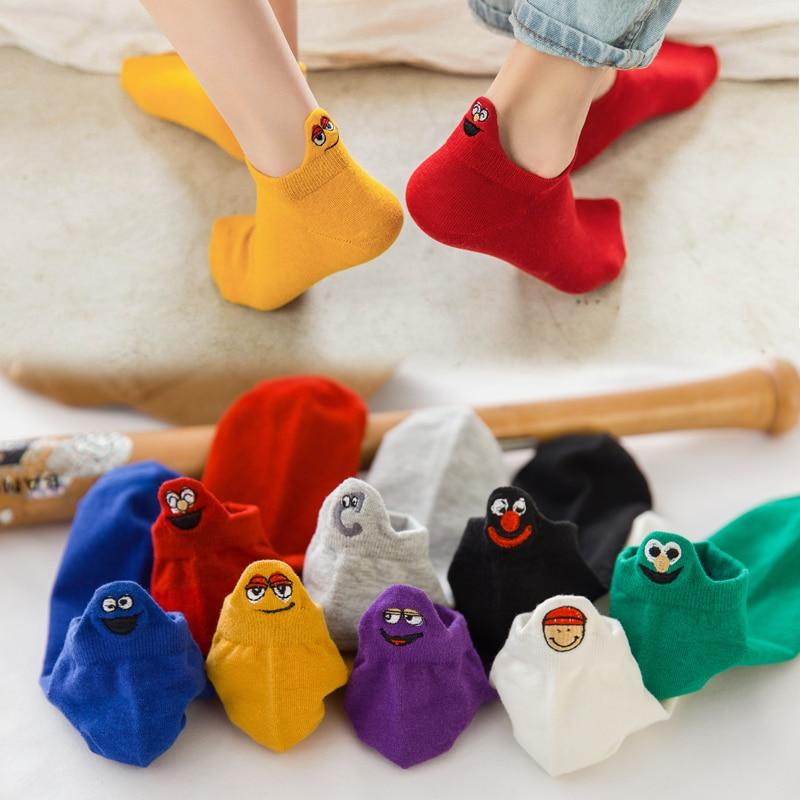 Women Socks Happy Fashion Ankle Funny Socks Women Cotton Embroidered Expression Candy Color 1 Pair