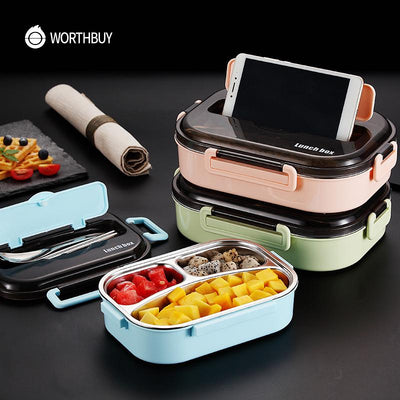 Japanese Kids Lunch Box 304 Stainless Steel Bento Lunch Box With Compartment Smartphone Holder