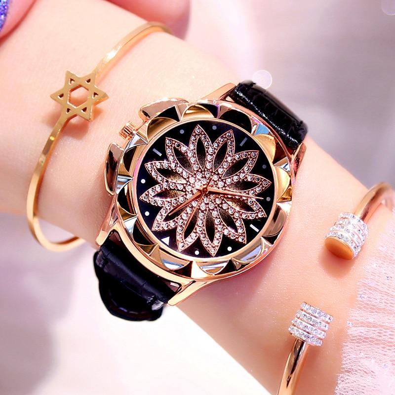 Women's Rotating Dial Watches Luxury Rhinestone Starry Sky Watch Women Rose Gold