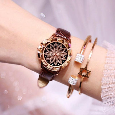 Women's Rotating Dial Watches Luxury Rhinestone Starry Sky Watch Women Rose Gold